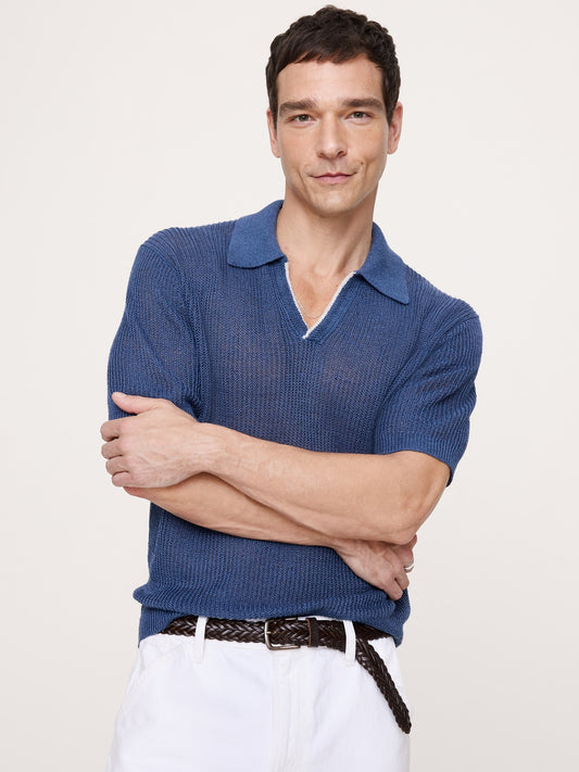 Linen-Cotton Johnny-Collar Sweater Polo