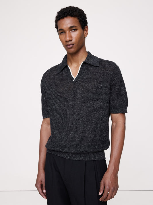 Linen-Cotton Johnny-Collar Sweater Polo