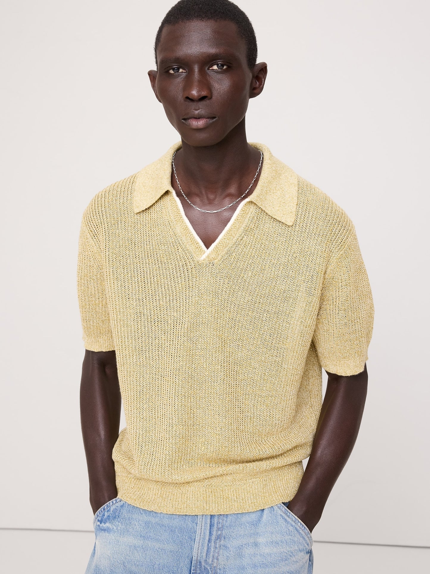 Linen-Cotton Johnny-Collar Sweater Polo