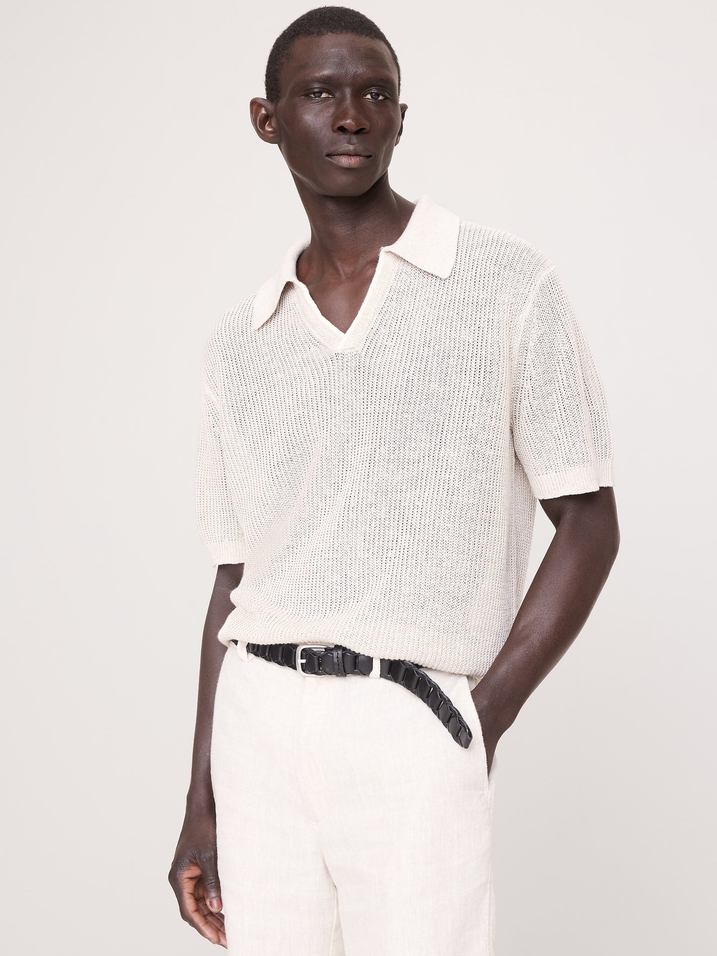 Linen-Cotton Johnny-Collar Sweater Polo