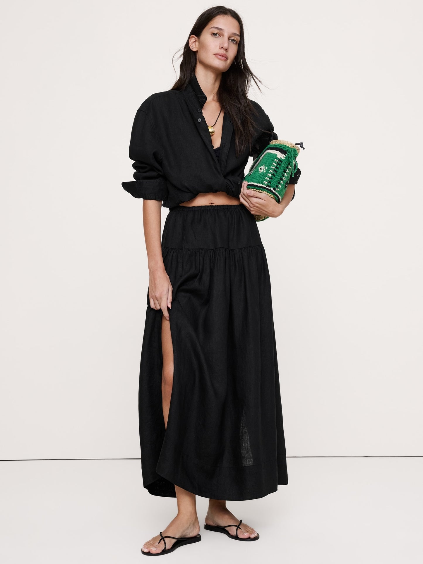 Linen Tiered Tie-Side Maxi Skirt