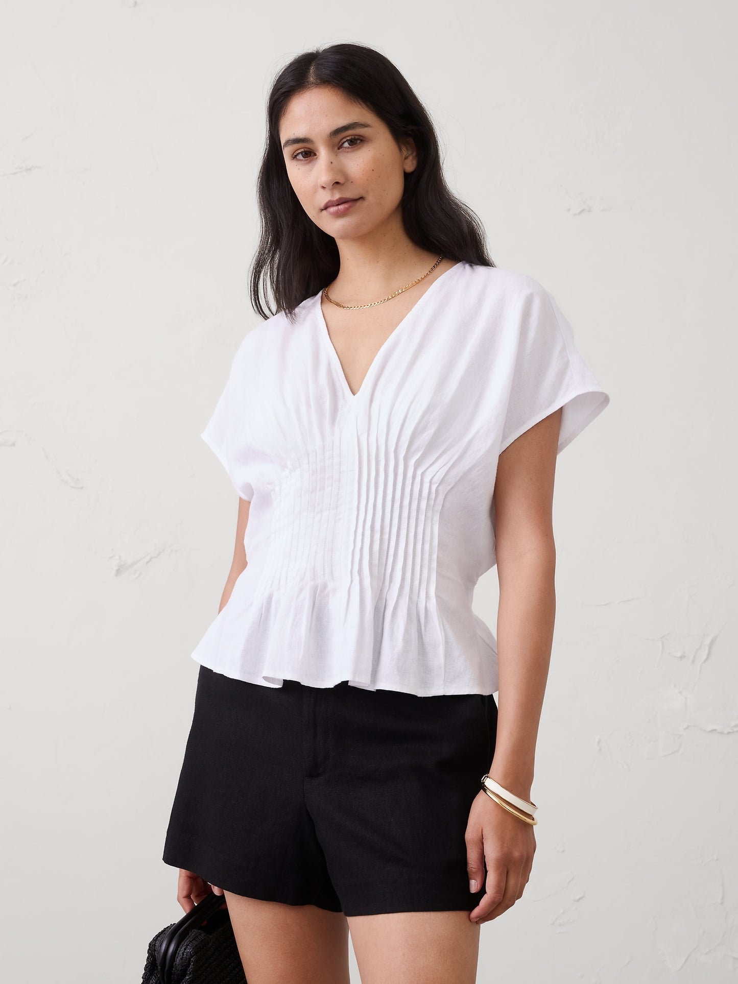 Linen-Blend Pintuck-Waist Top