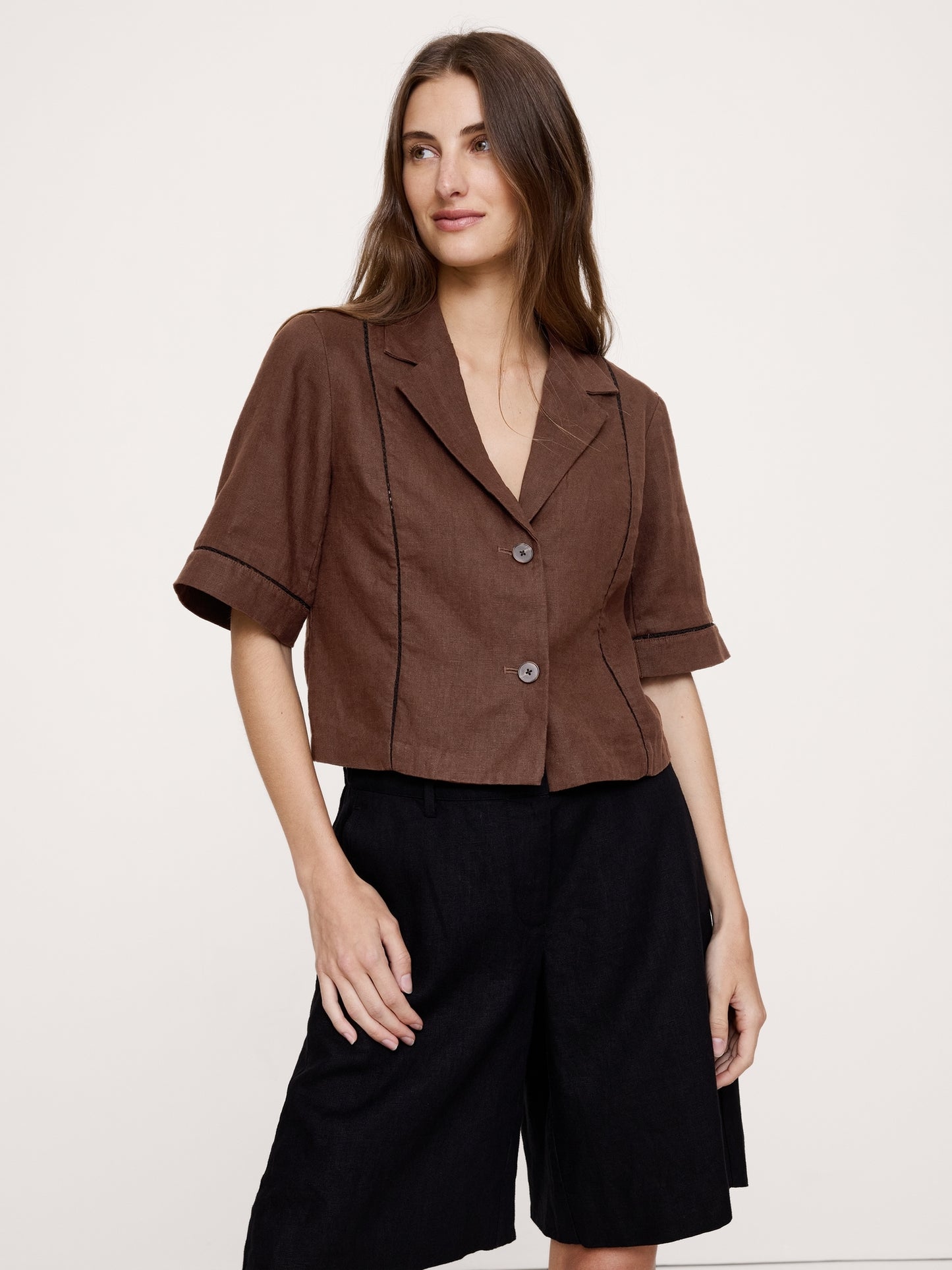 Linen Short-Sleeve Blazer Top