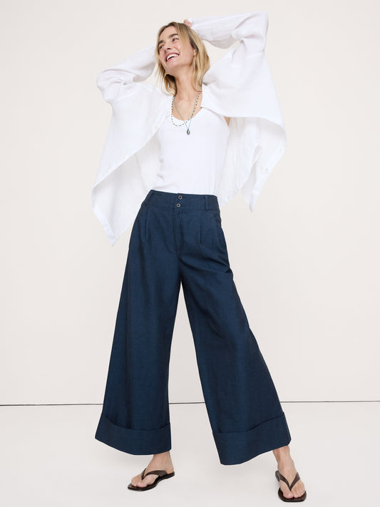 High-Rise Wide-Leg TENCEL™-Cotton-Linen Cropped Pant