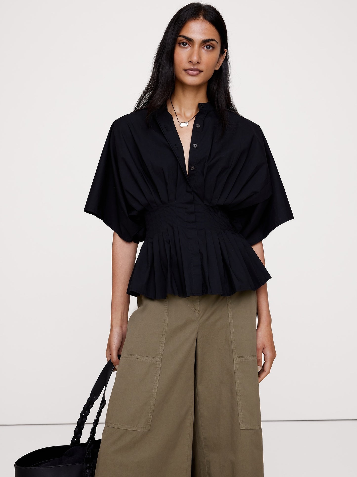 Cotton Poplin Pleated-Waist Top