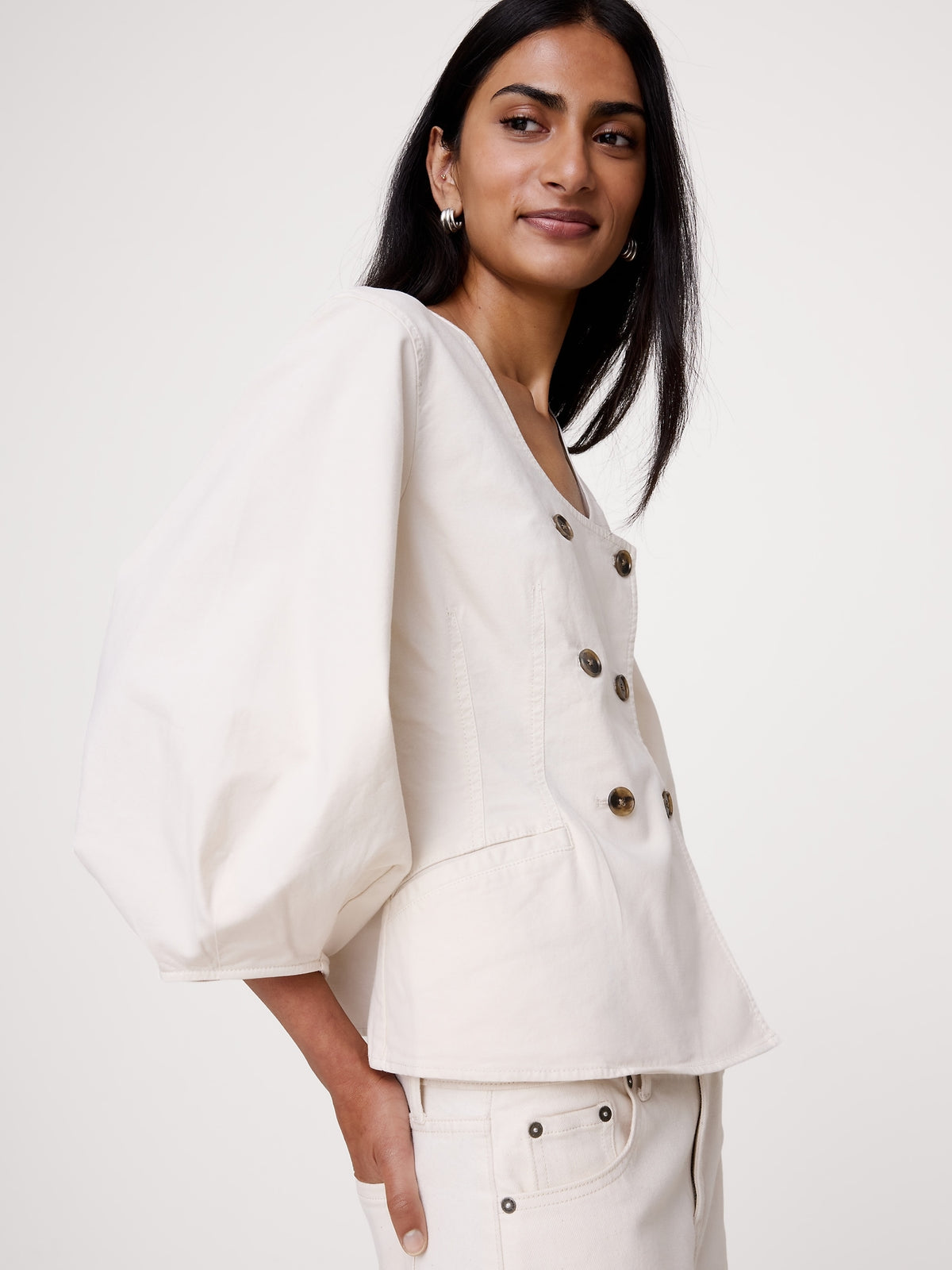 Cotton Canvas Puff-Sleeve Top