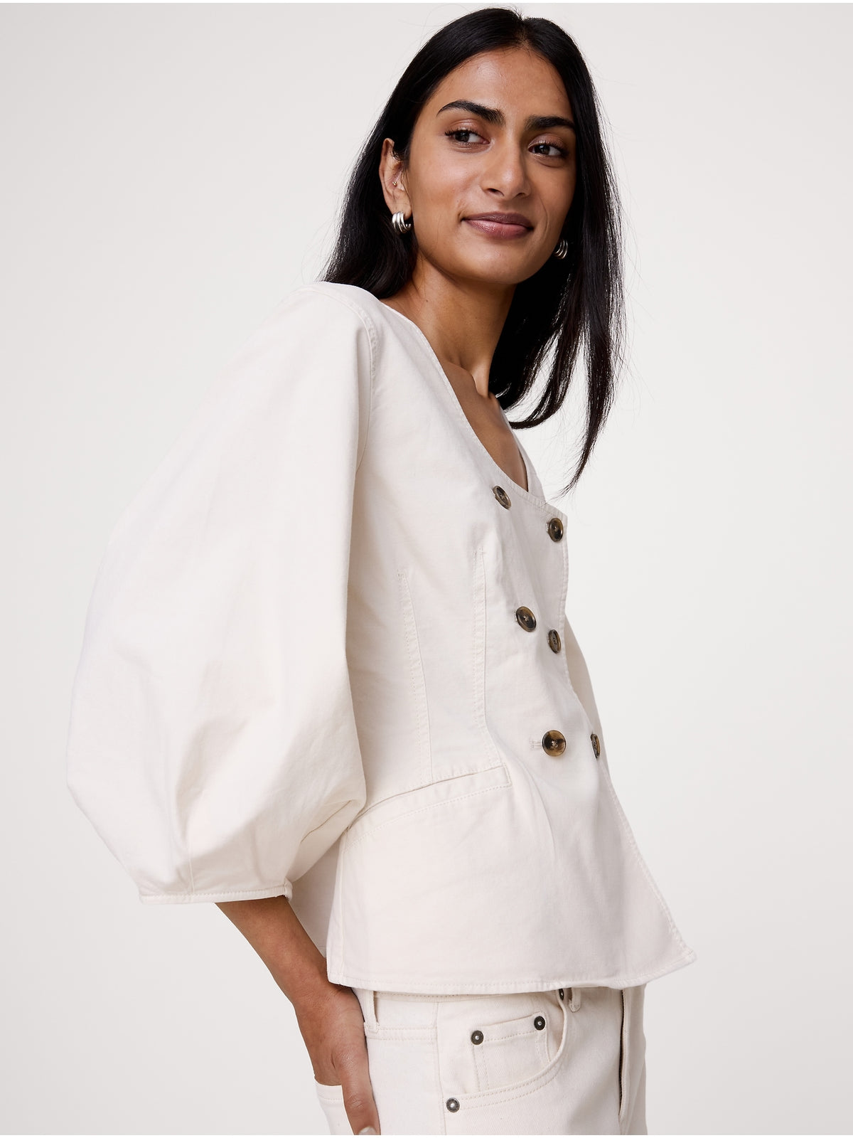 Cotton Canvas Puff-Sleeve Top