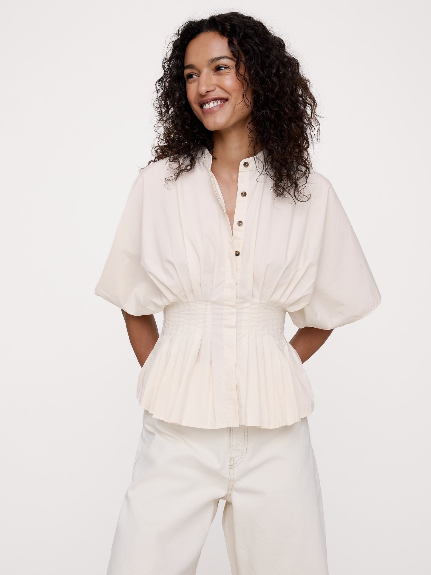 Cotton Poplin Pleated-Waist Top
