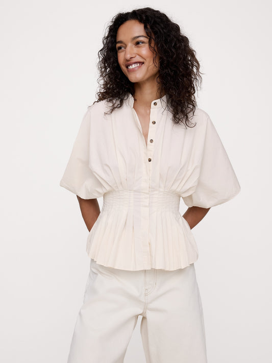 Cotton Poplin Pleated-Waist Top