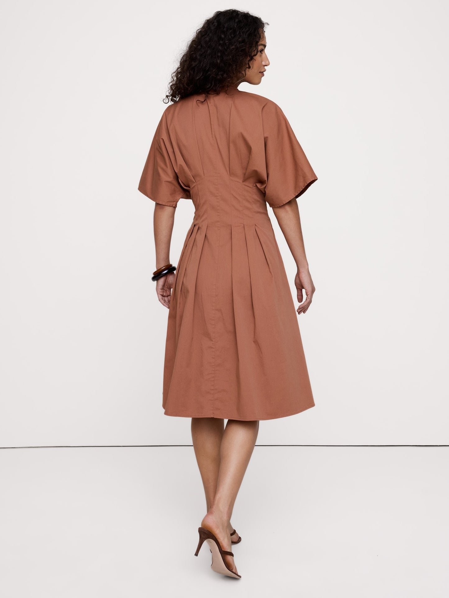 Stretch-Cotton Pleated Midi Shirt Dress