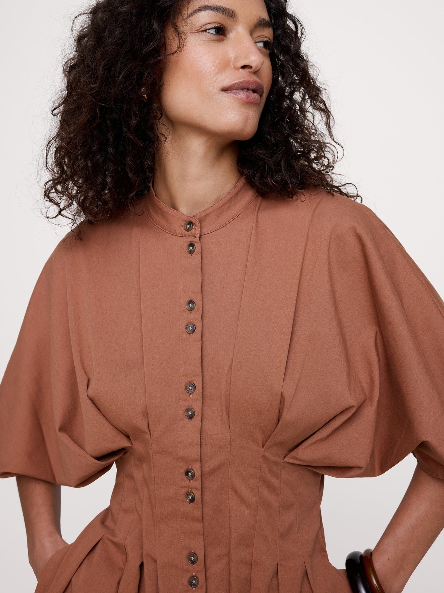 Stretch-Cotton Pleated Midi Shirt Dress