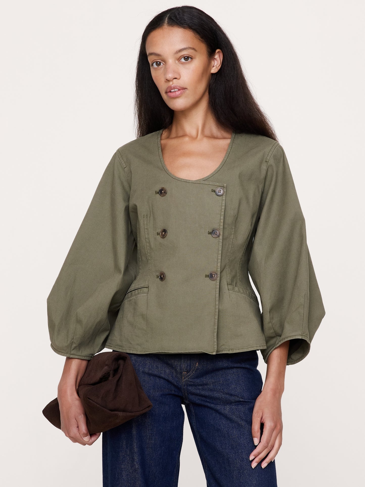 Cotton Canvas Puff-Sleeve Top