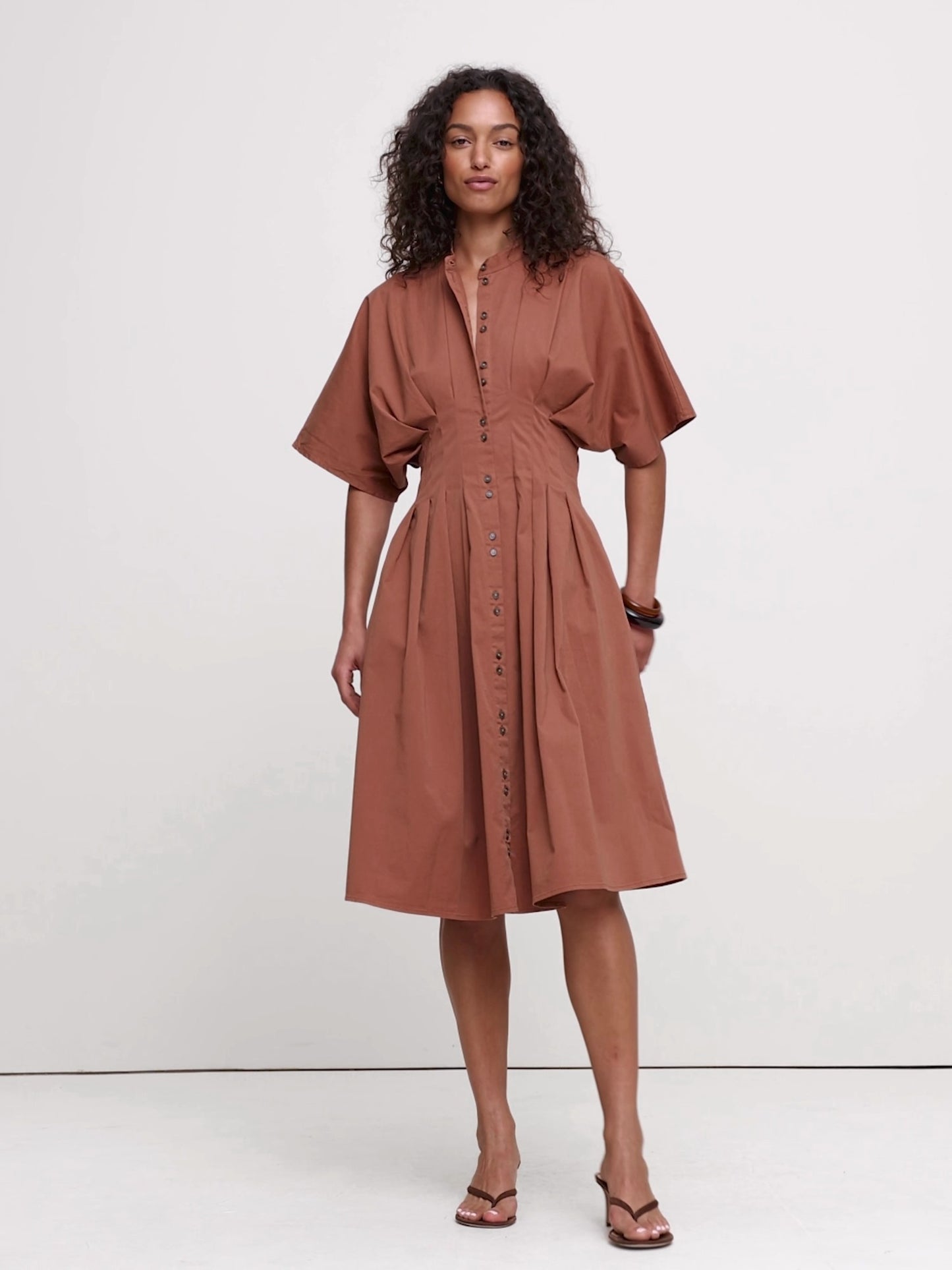 Stretch-Cotton Pleated Midi Shirt Dress