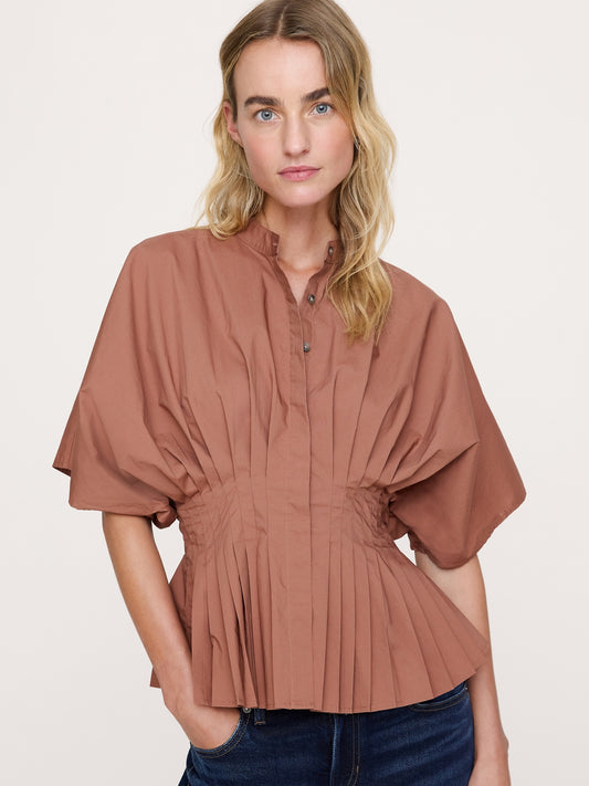 Cotton Poplin Pleated-Waist Top