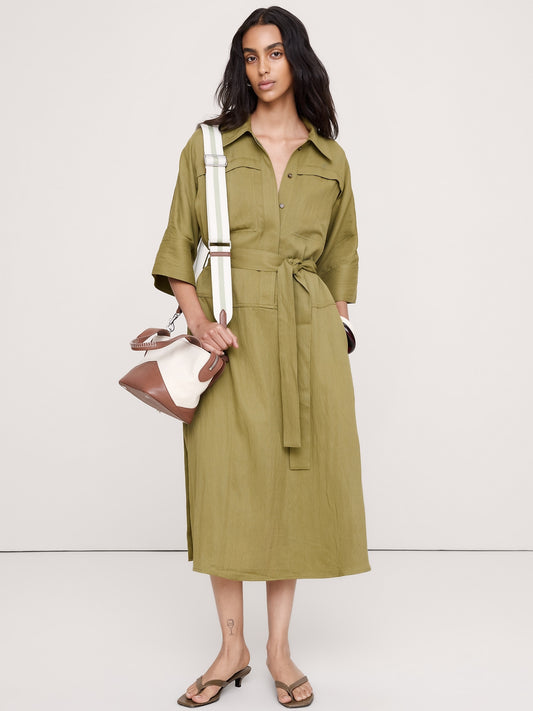 Drapey Twill Belted Midi Shirt Dress