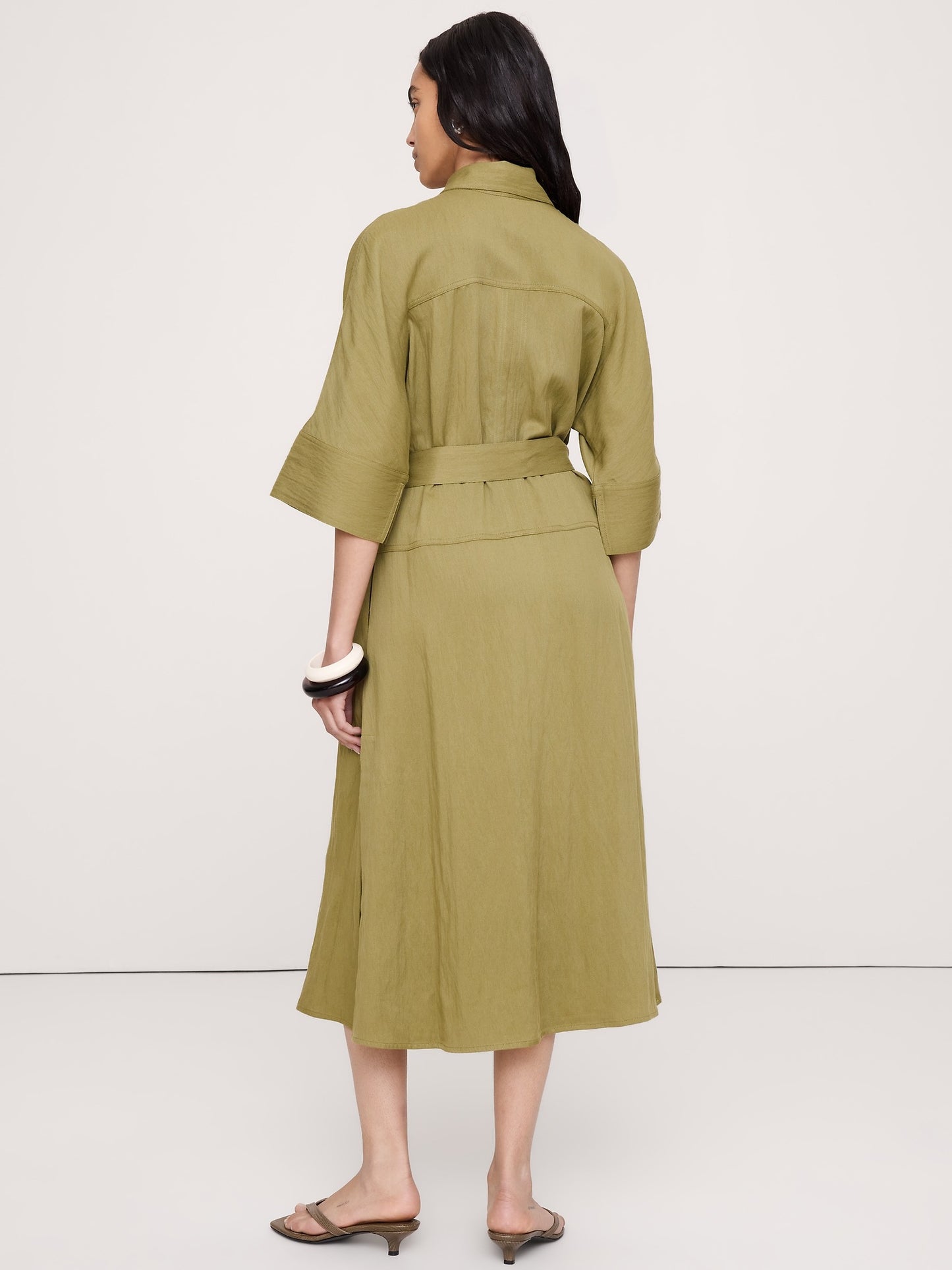 Drapey Twill Belted Midi Shirt Dress