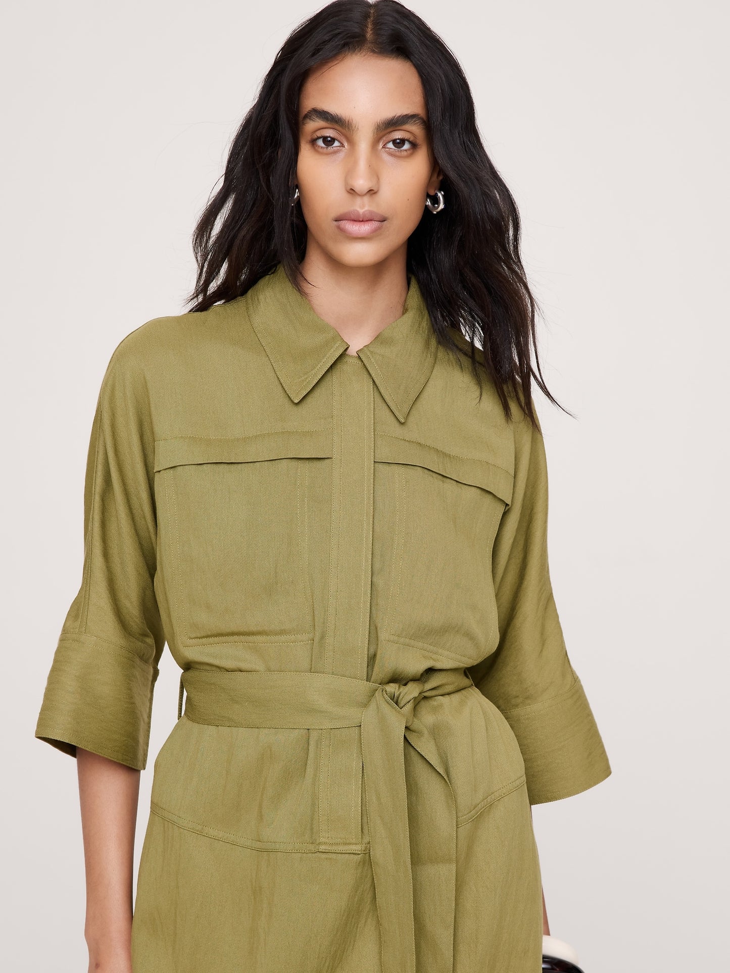 Drapey Twill Belted Midi Shirt Dress