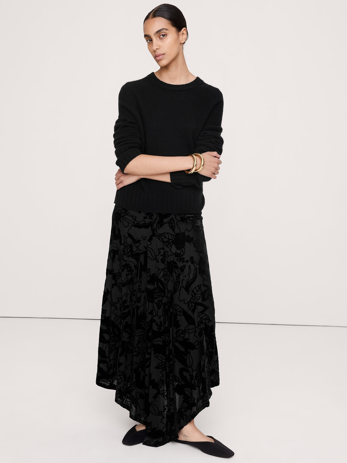Burnout Velvet Asymmetrical Maxi Skirt