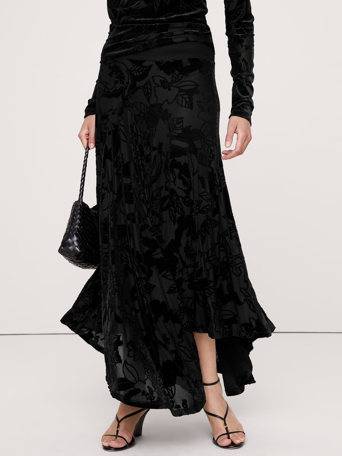 Burnout Velvet Asymmetrical Maxi Skirt