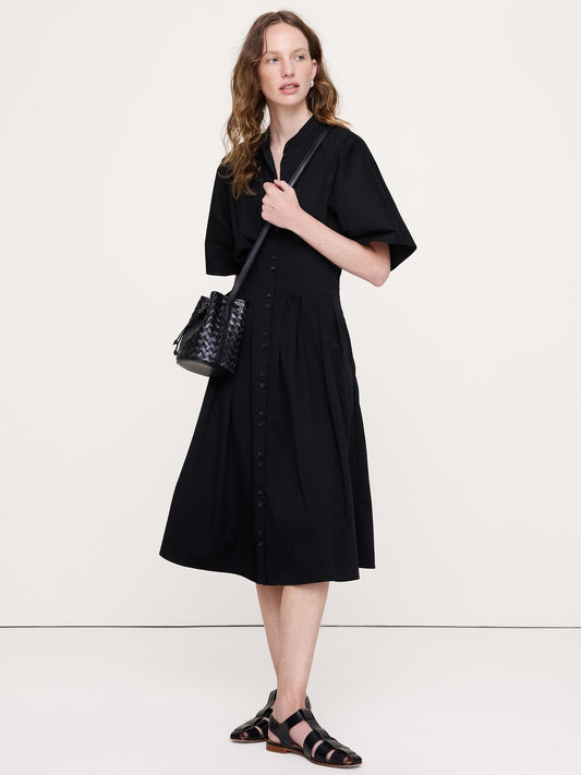 Stretch-Cotton Pleated Midi Shirt Dress