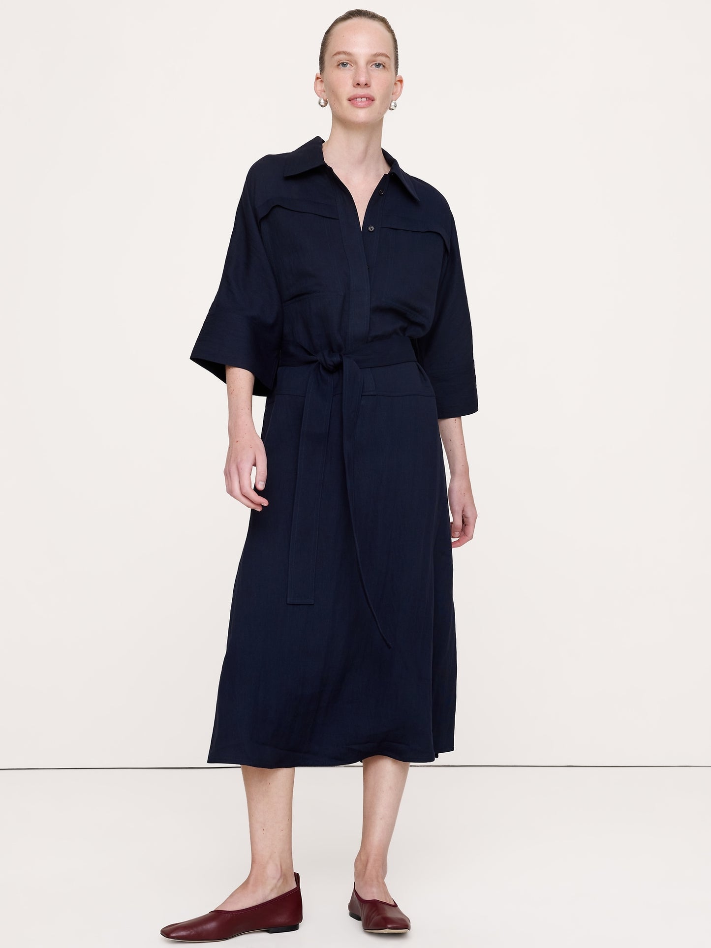 Drapey Twill Belted Midi Shirt Dress