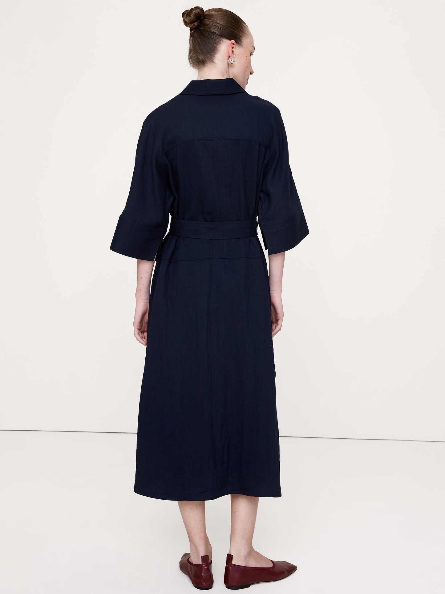 Drapey Twill Belted Midi Shirt Dress