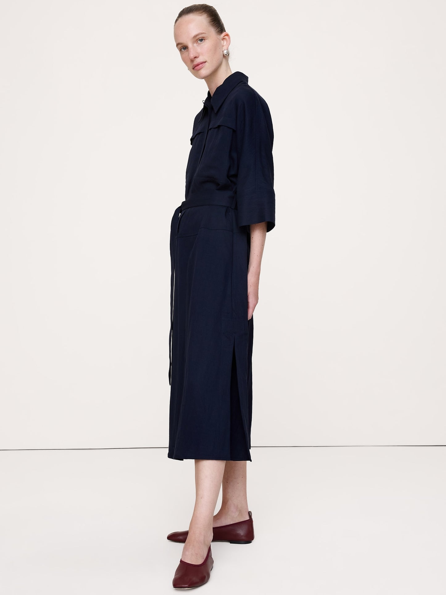 Drapey Twill Belted Midi Shirt Dress