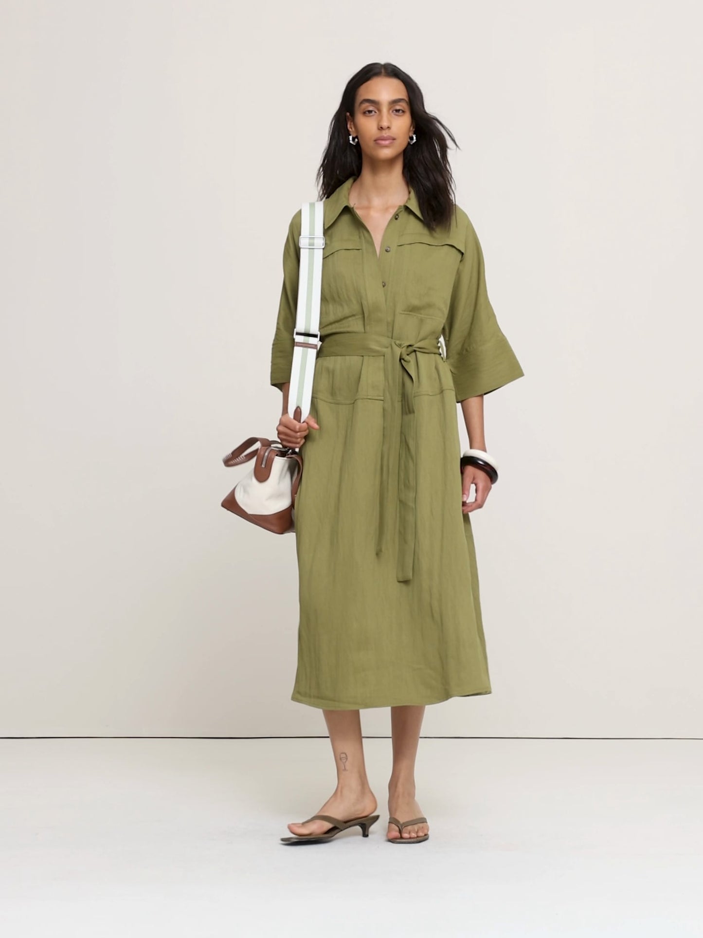 Drapey Twill Belted Midi Shirt Dress