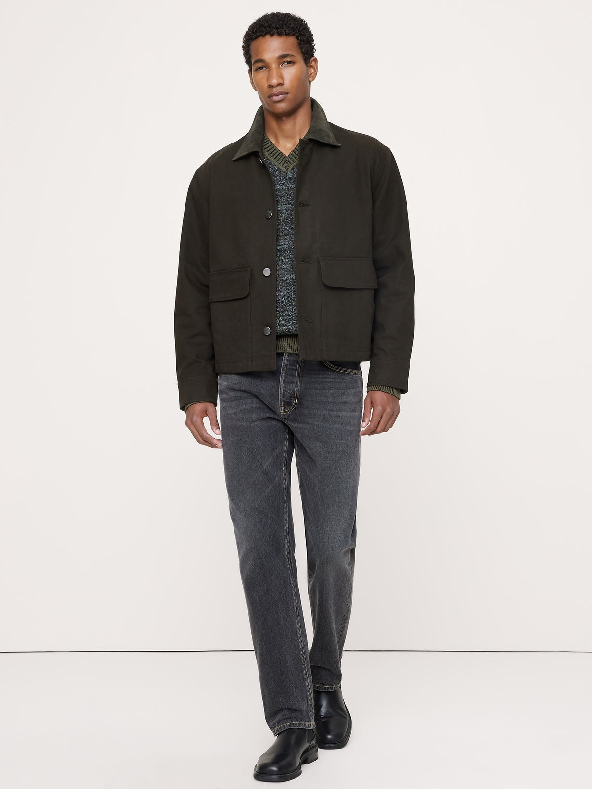 Waxed Cotton Twill Utility Jacket with Suede Collar