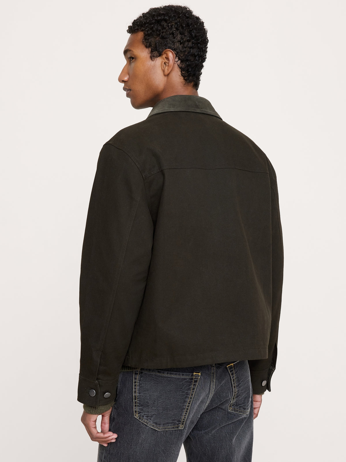 Waxed Cotton Twill Utility Jacket with Suede Collar