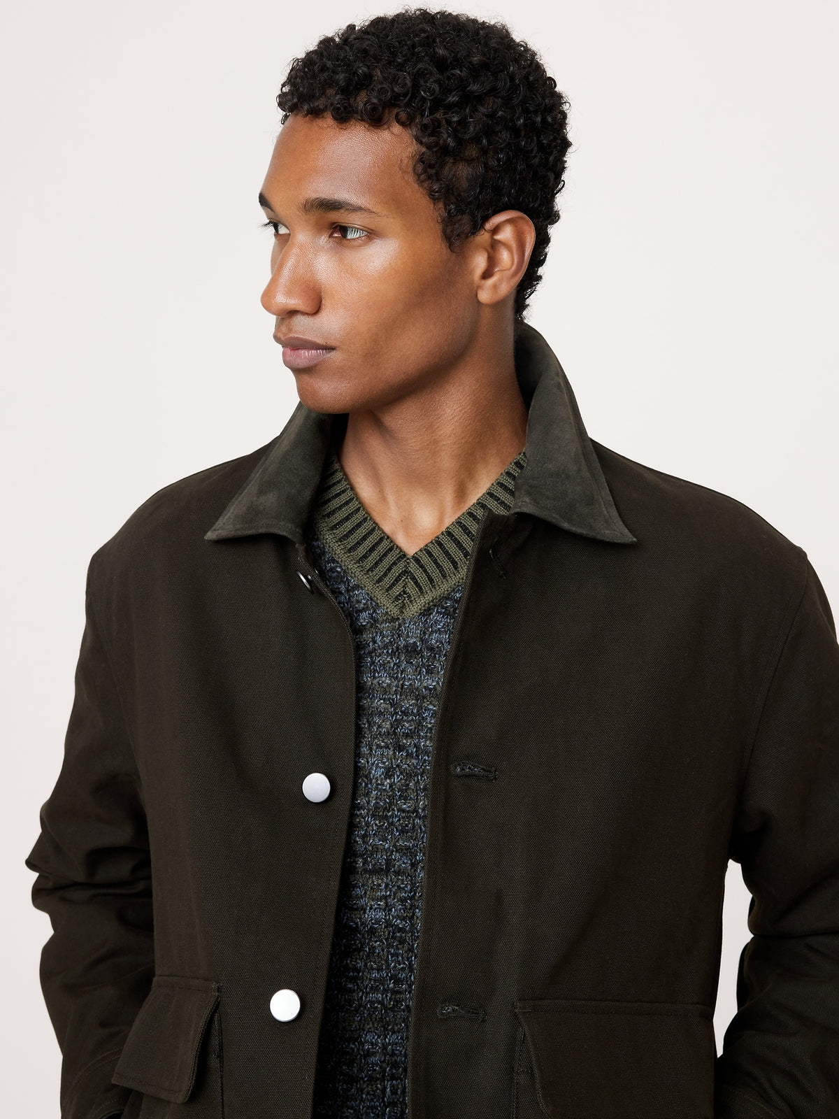 Waxed Cotton Twill Utility Jacket with Suede Collar