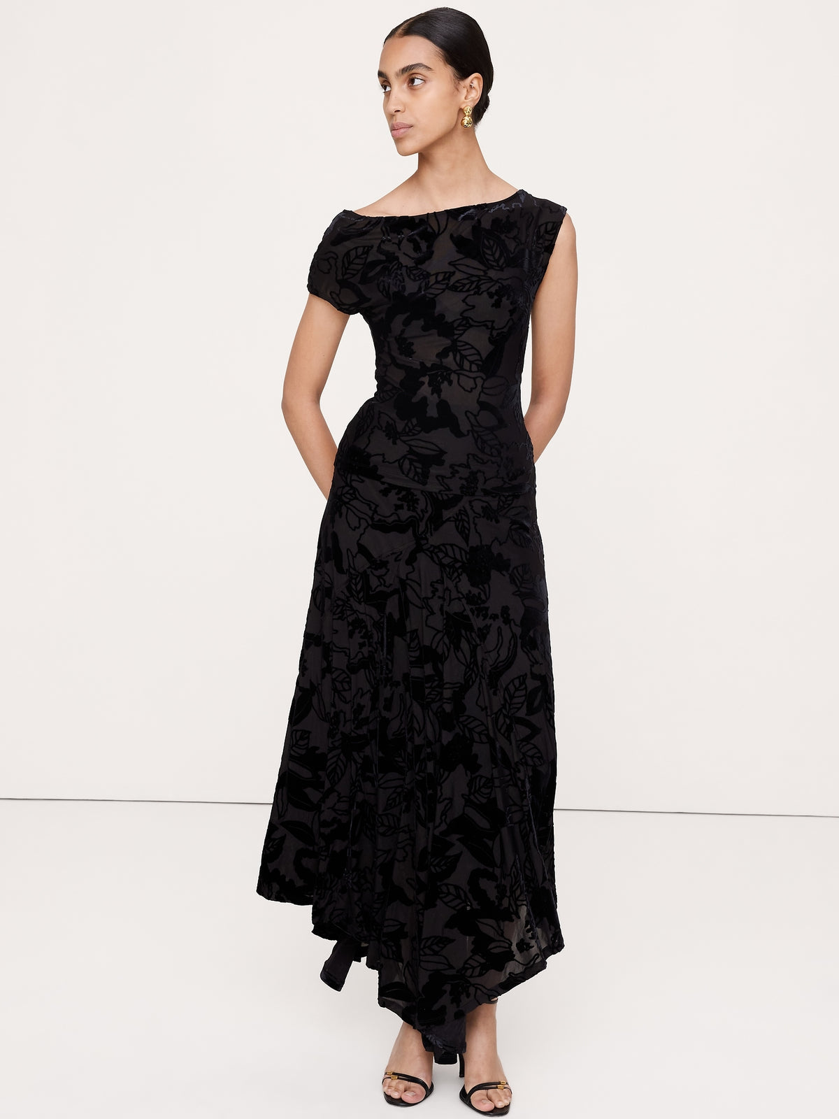 Burnout Velvet Asymmetrical Maxi Skirt
