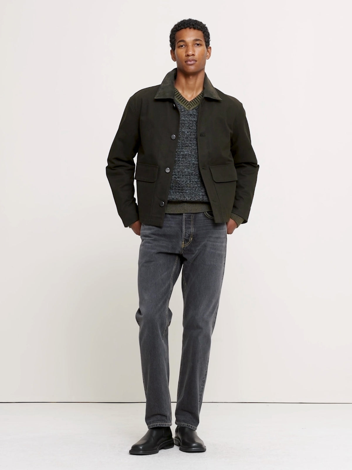 Waxed Cotton Twill Utility Jacket with Suede Collar