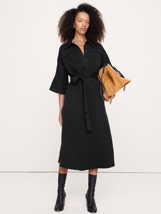 Drapey Twill Belted Midi Shirt Dress