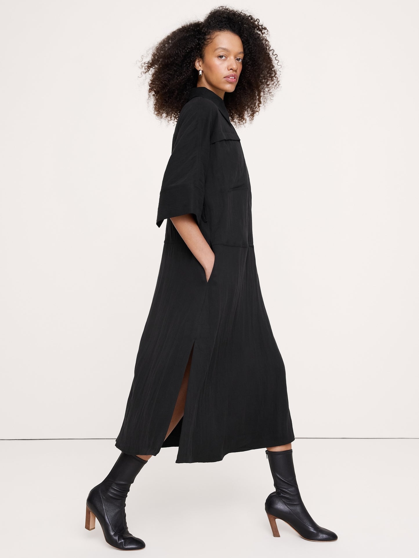 Drapey Twill Belted Midi Shirt Dress