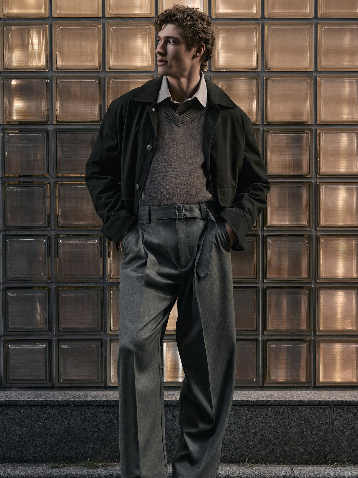 Waxed Cotton Twill Utility Jacket with Suede Collar
