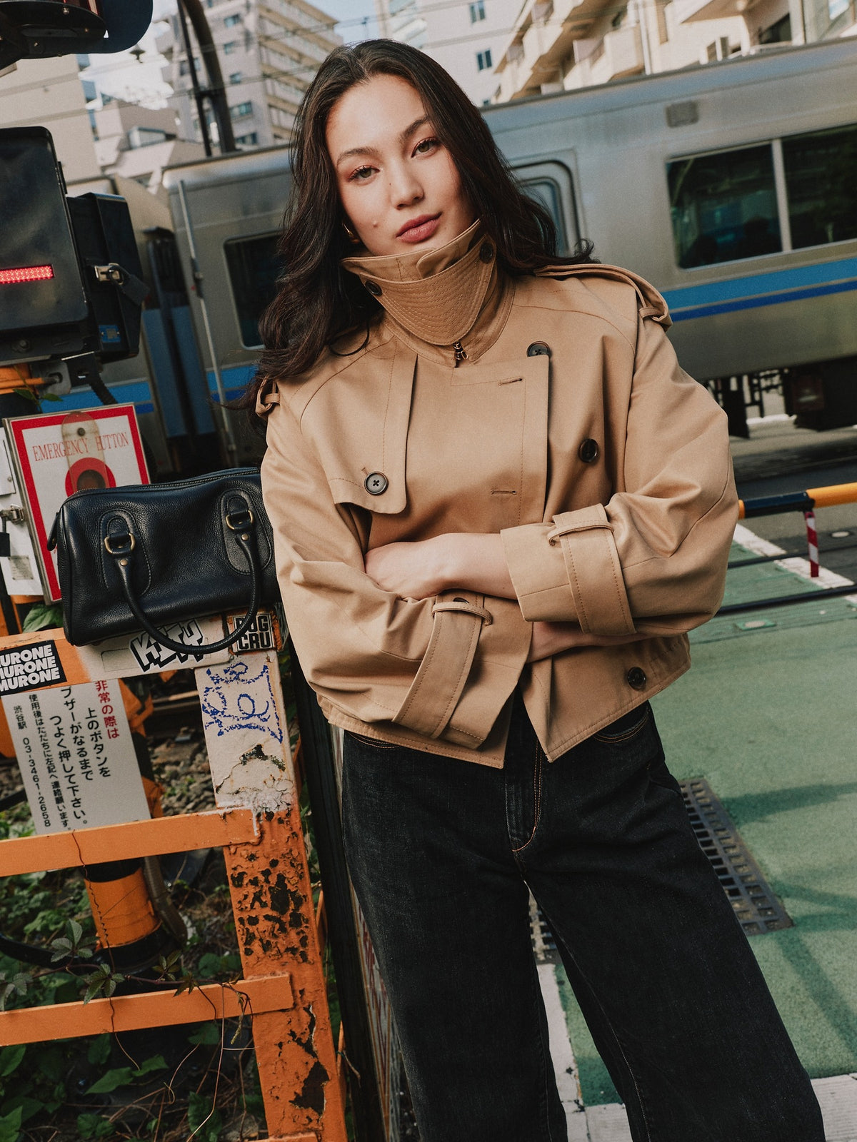 Cropped Cotton Twill Trench Coat