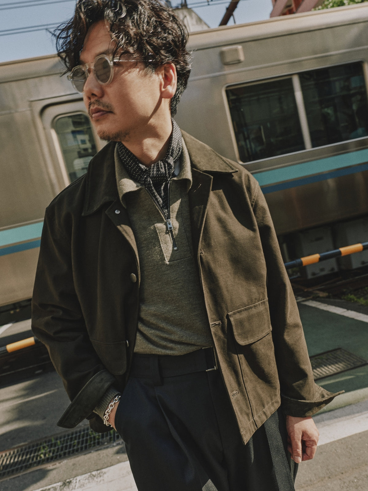 Waxed Cotton Twill Utility Jacket with Suede Collar