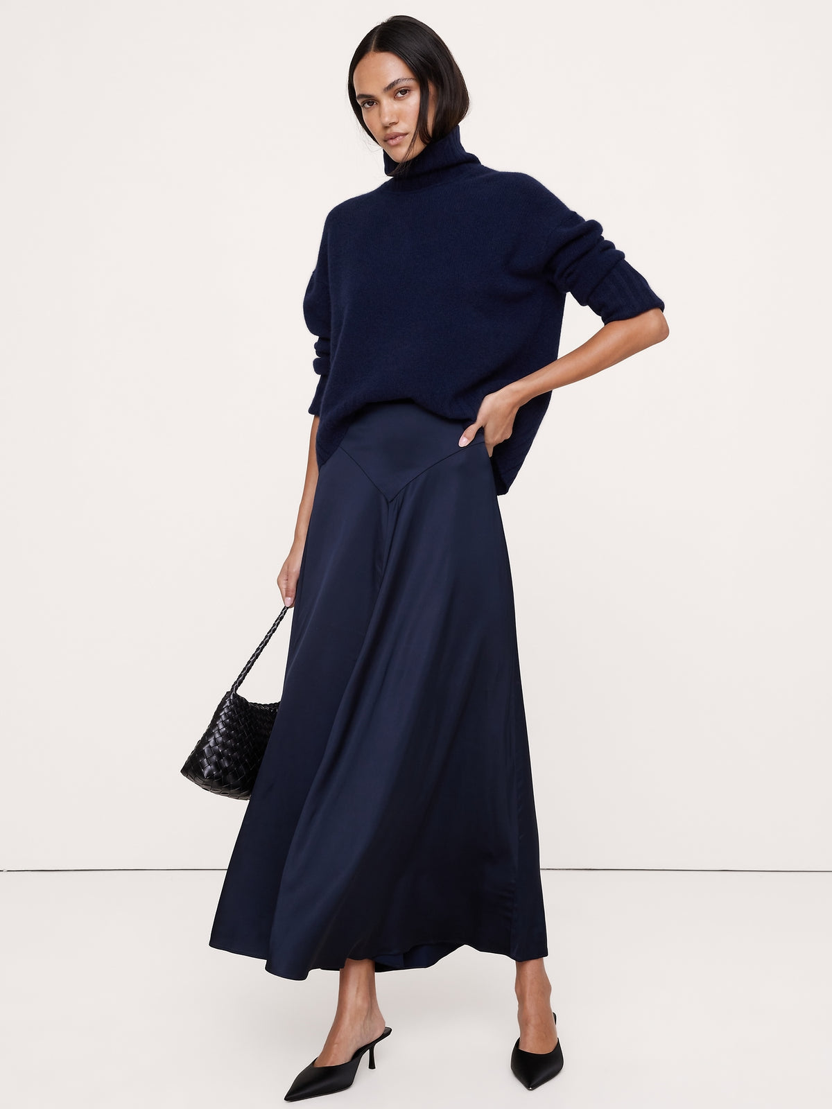 Stretch-Satin Basque-Waist Maxi Skirt